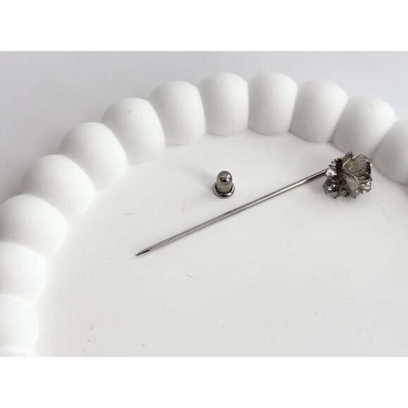 Petaled Rose Floral Faux Pearl Silver T Vintage Stick Pin | Hat Pin | Lapel Pin - Picture 8 of 9